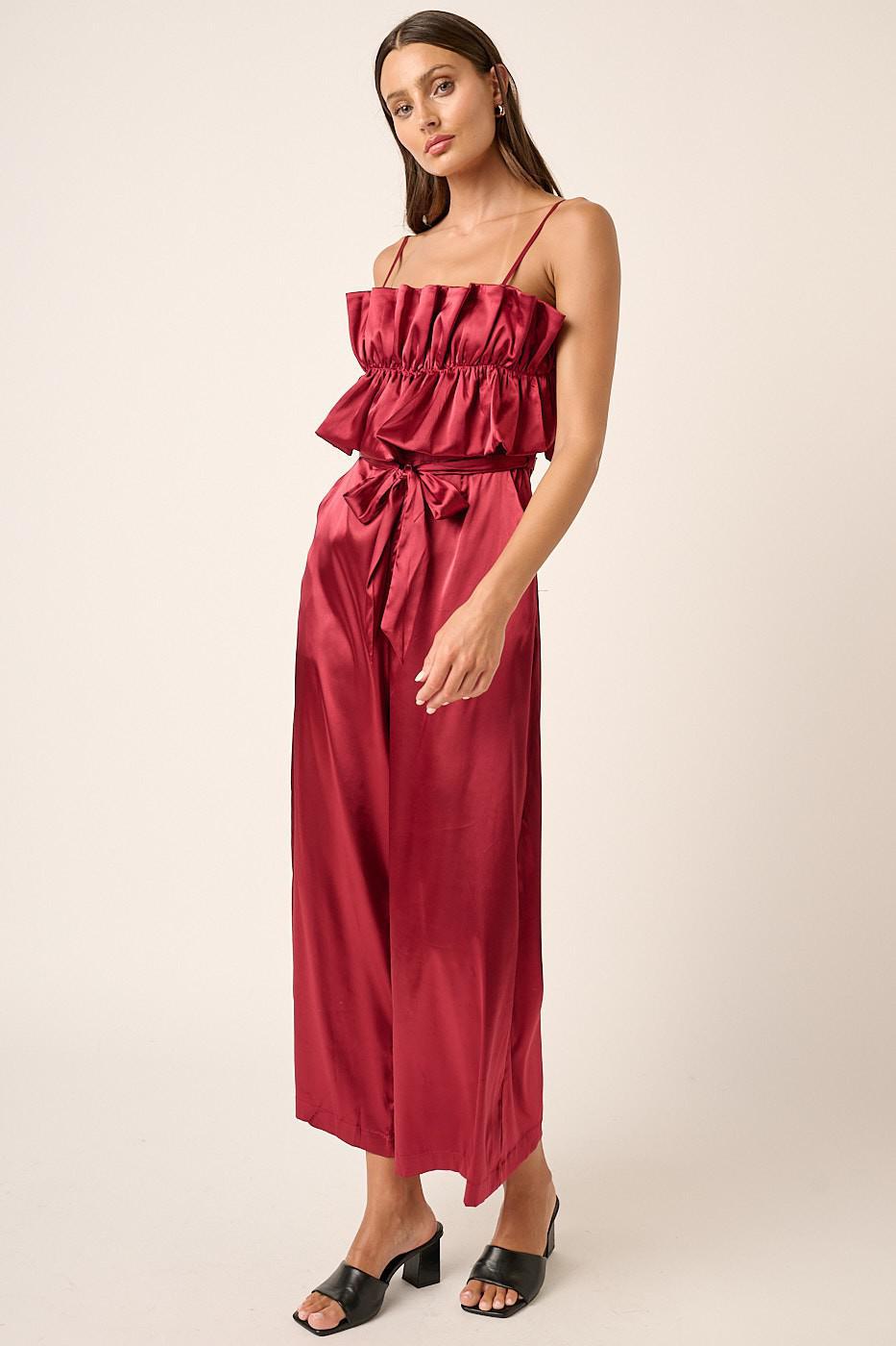 Wine Satin Ruffle Bust Wide Leg Jumpsuit