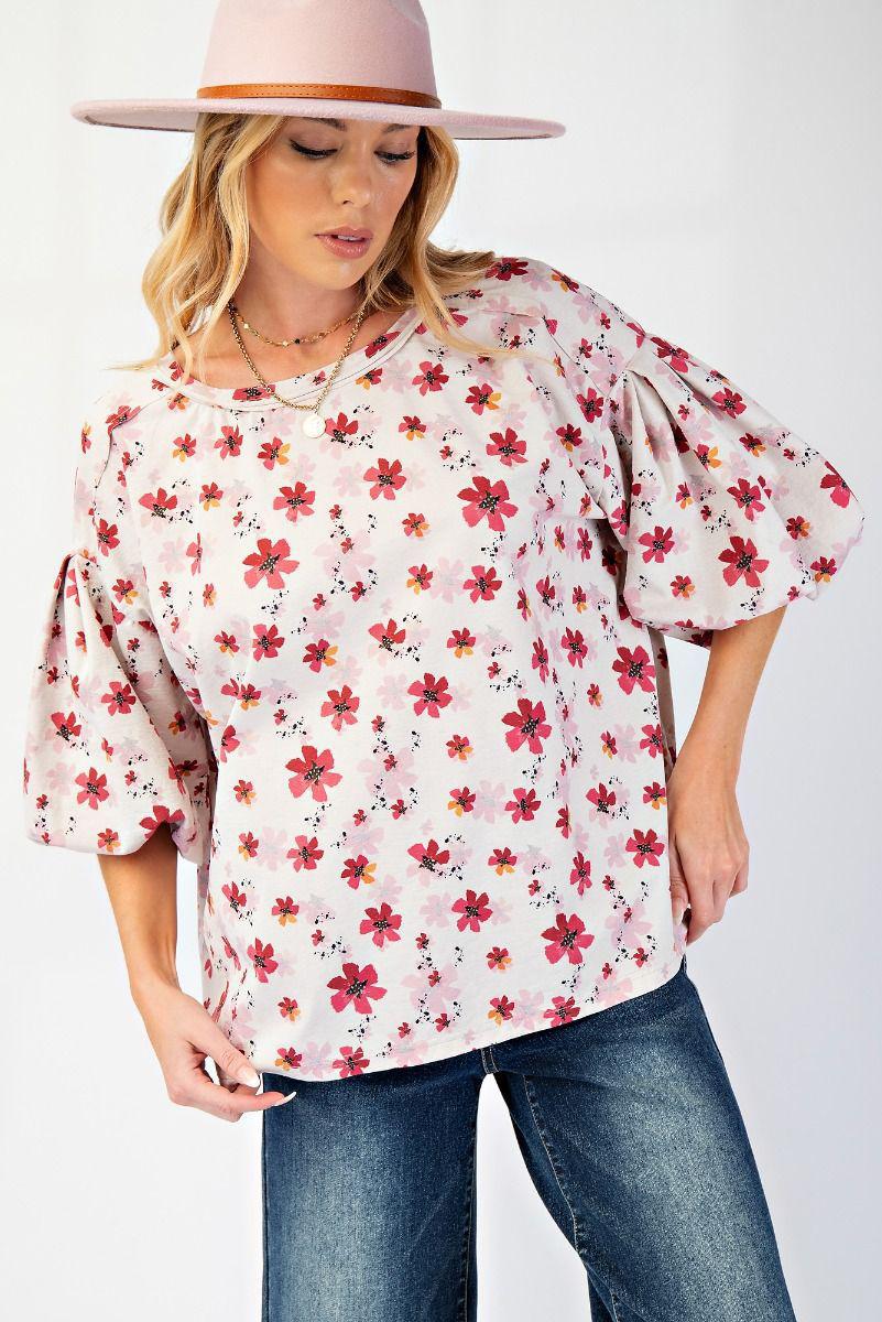 Lilac Floral Bubble Sleeve Blouse