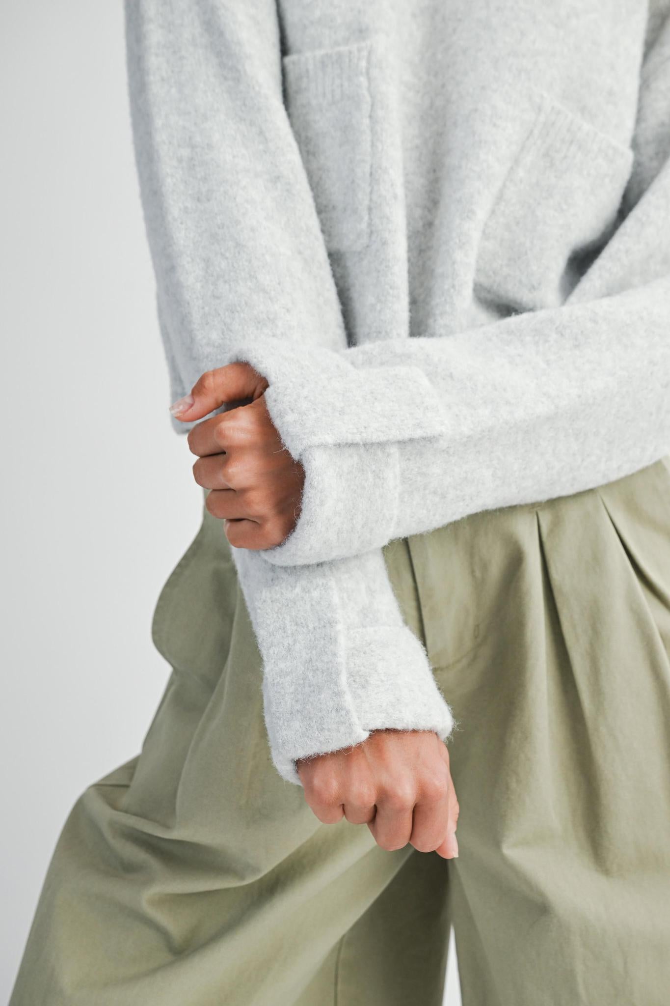 Grey Crew Neck Knit Sweater w/ Front Pockets