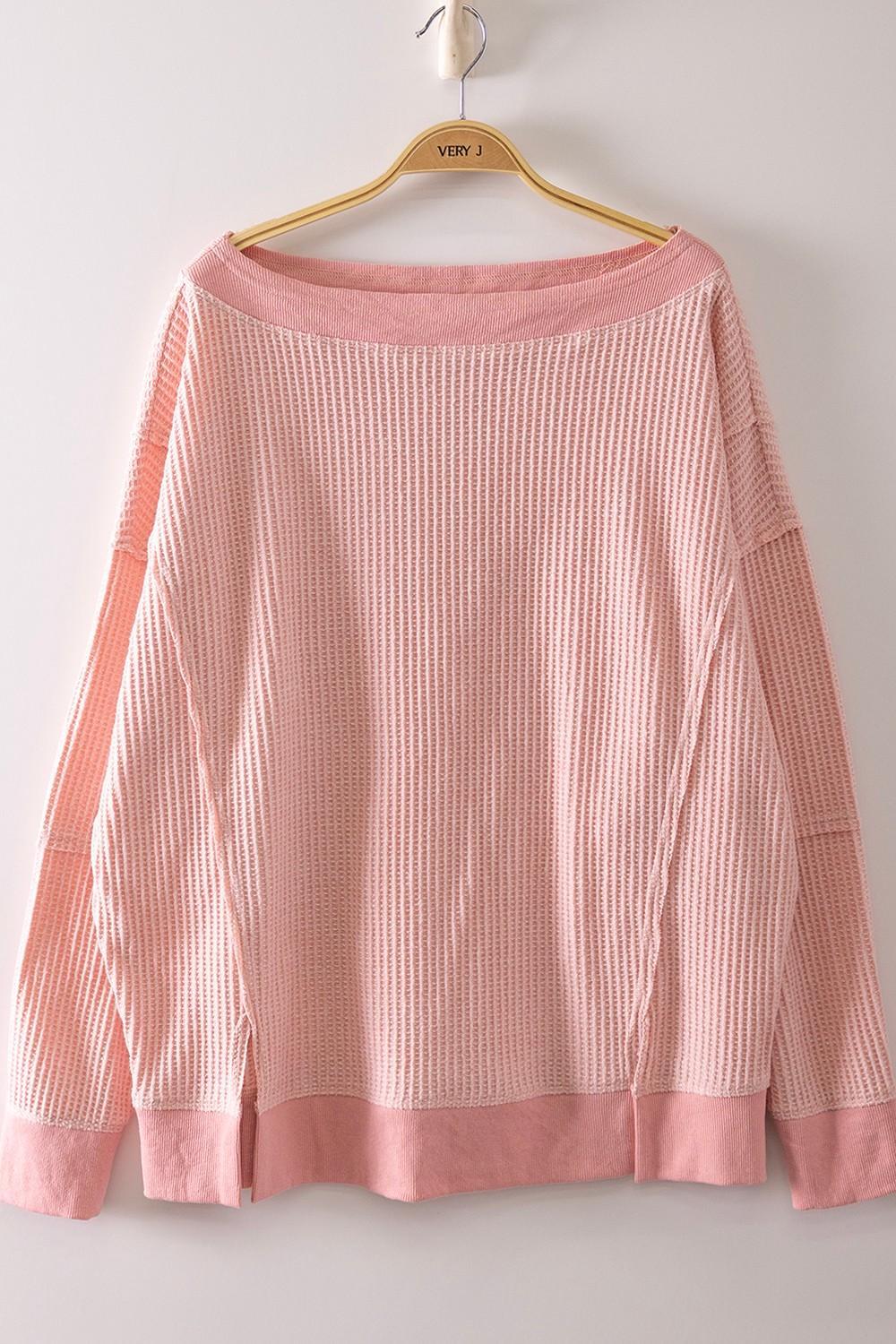 Boat Neck Waffle Knit Top