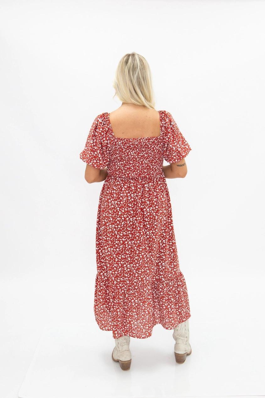 Red Floral Puff Sleeve Midi Dress