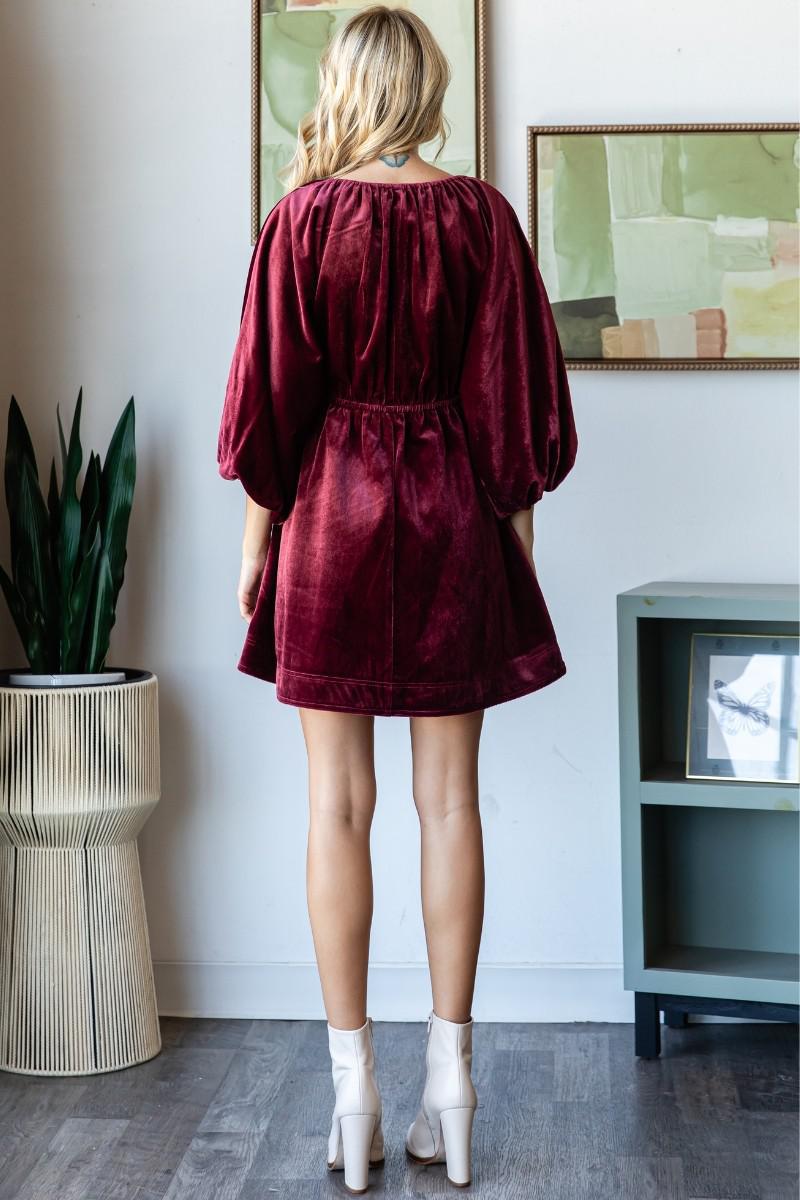 Velvet Puff Sleeve Deep V-neck Dress