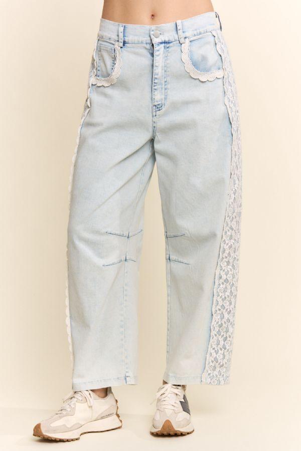 Baggy High Waisted Lace Trim Jeans Relaxed Fit
