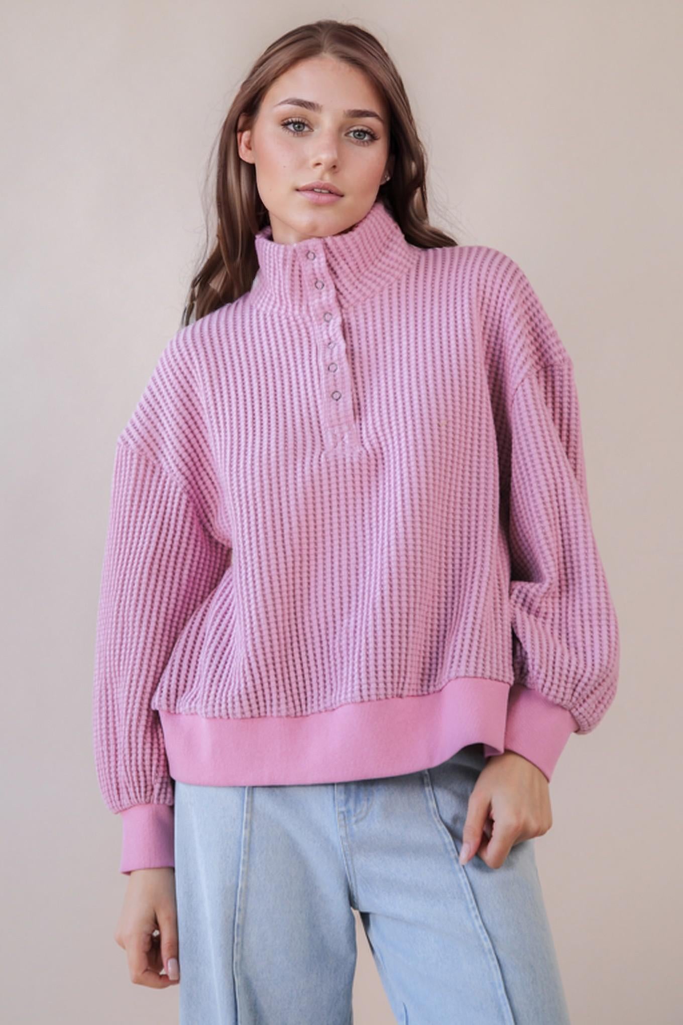 Oversized Half Button Waffle Knit Top