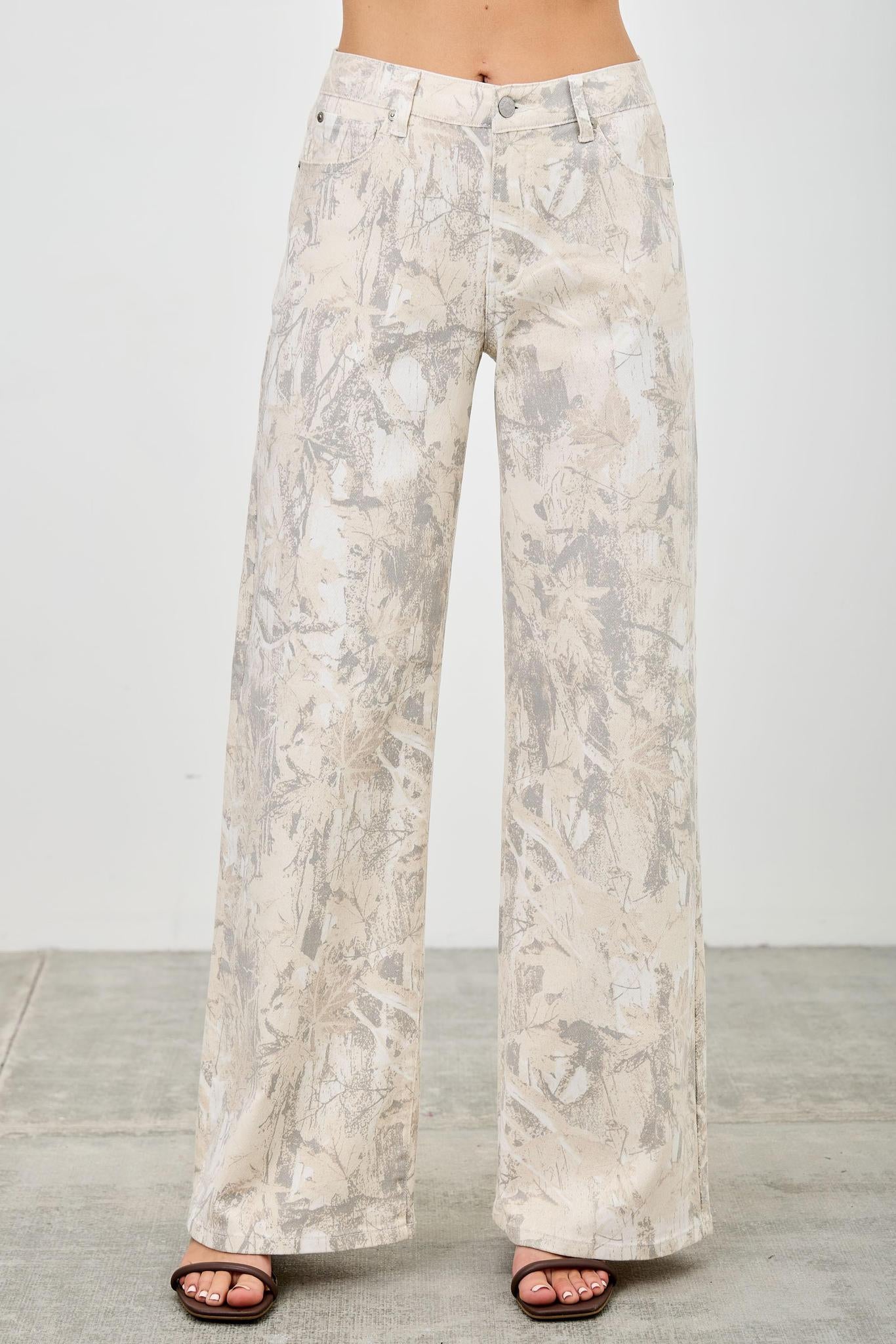 White Camo Mid Rise Printed Wide Straight