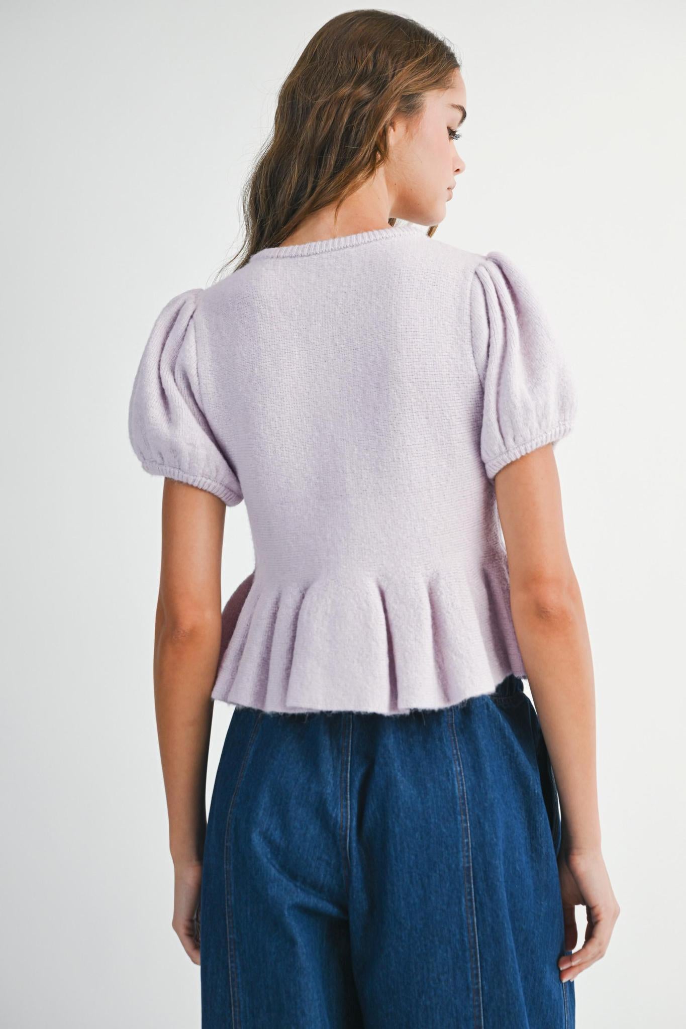 Lavender Knit Puff Sleeve Bow Detail Peplum Top