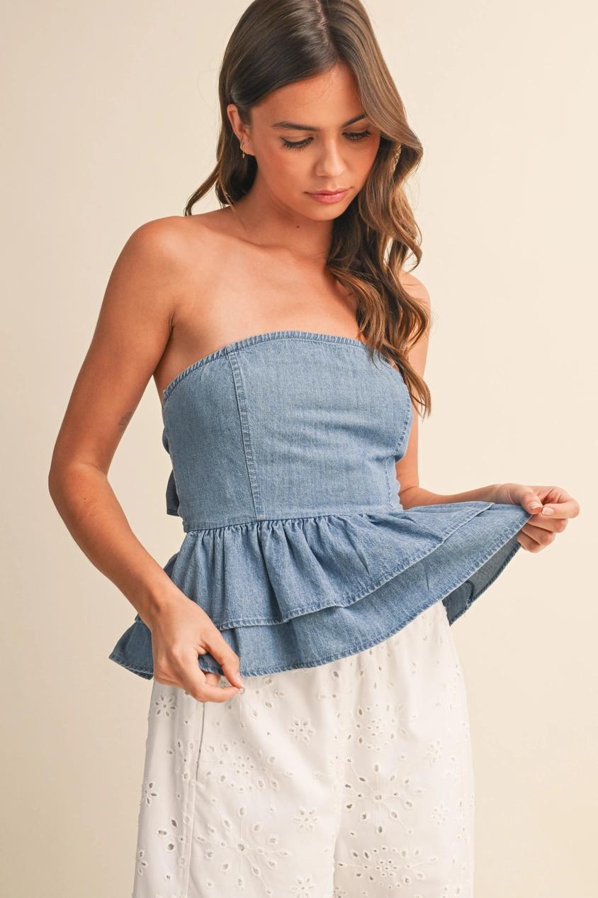 Denim Tiered Peplum Top with Tie Back Detail