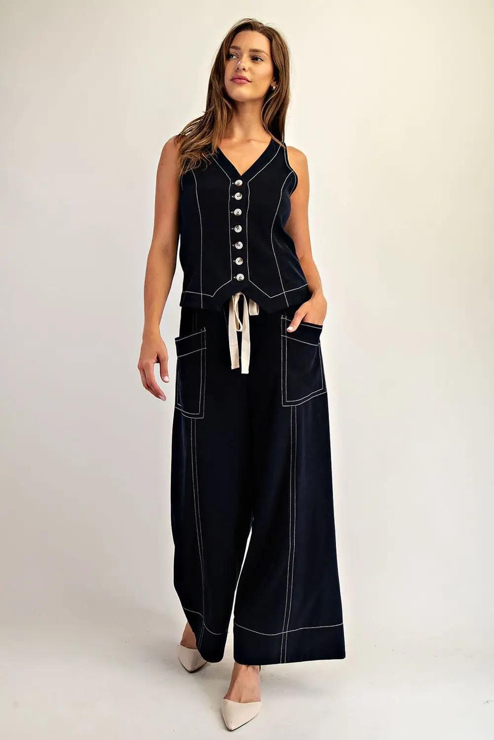 Soft Washed Contrast Stitch Wide Leg Pants