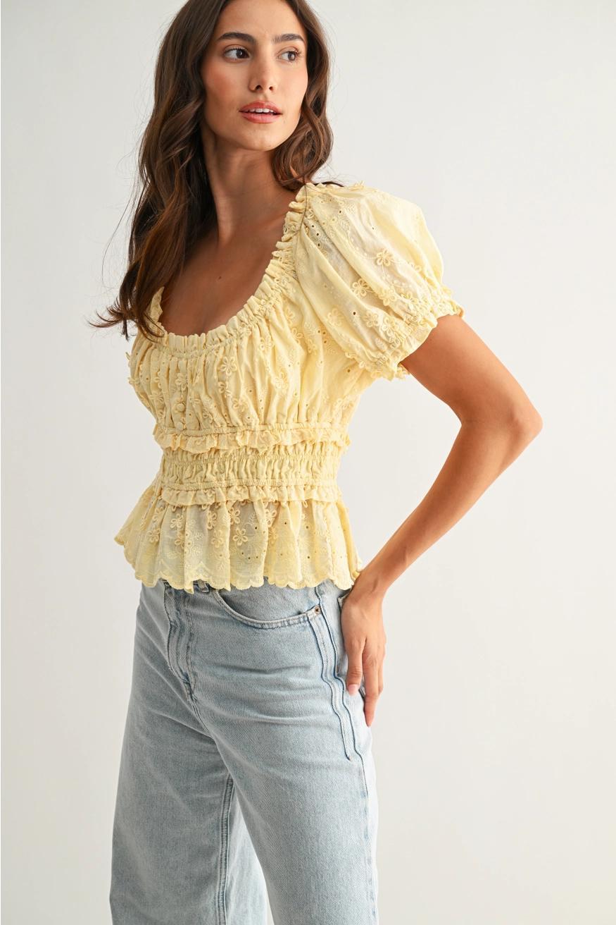 Embroidered Peplum Blouse in Yellow