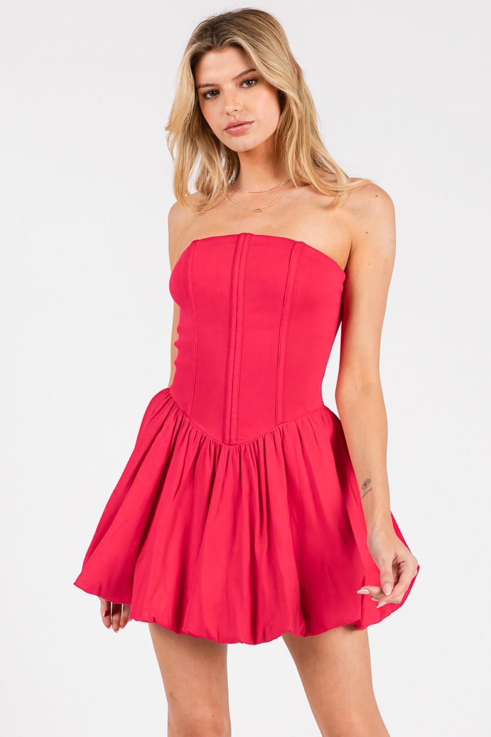 Magenta Red Binding Top Bubble Mini Dress