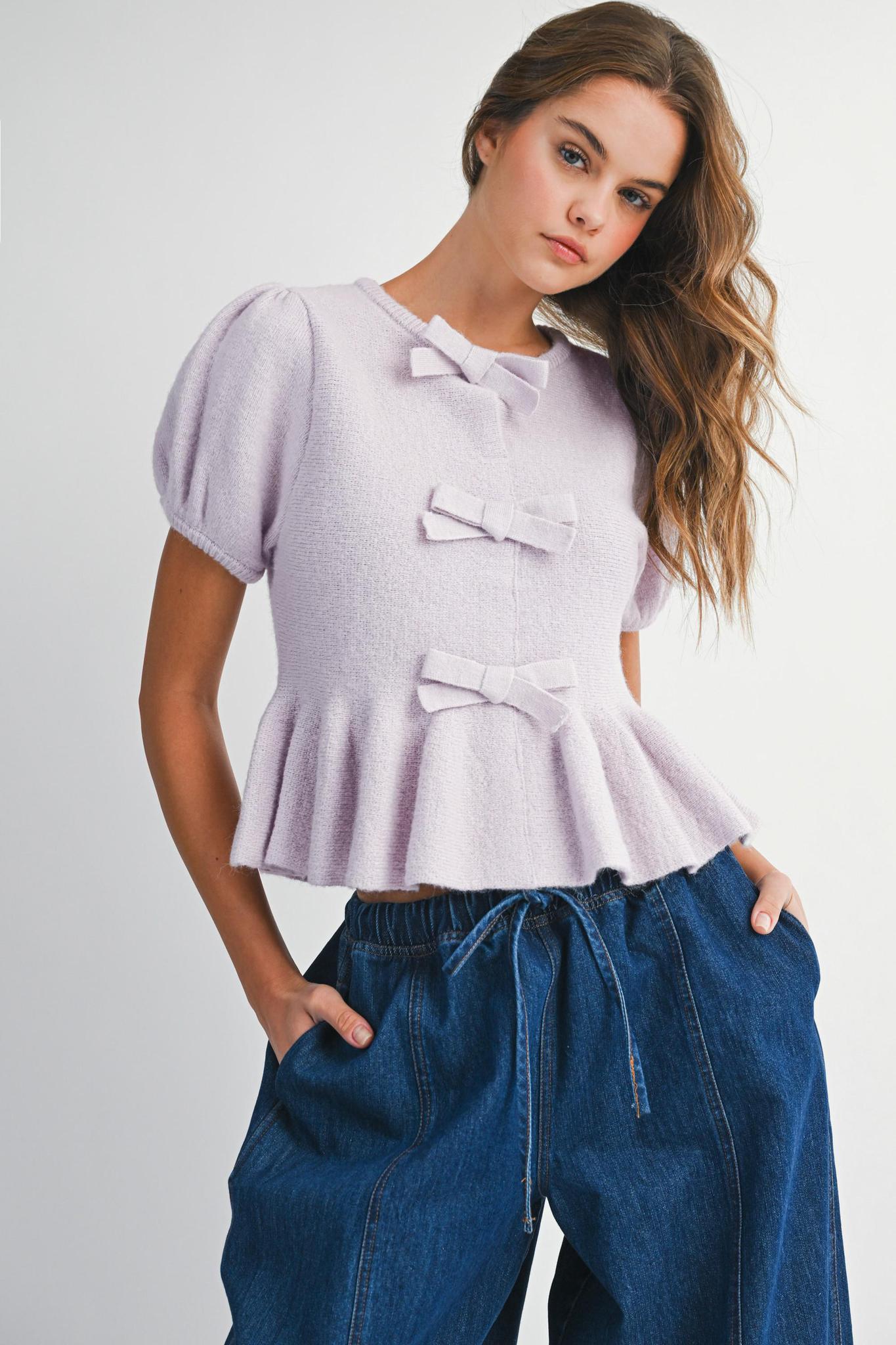 Lavender Knit Puff Sleeve Bow Detail Peplum Top