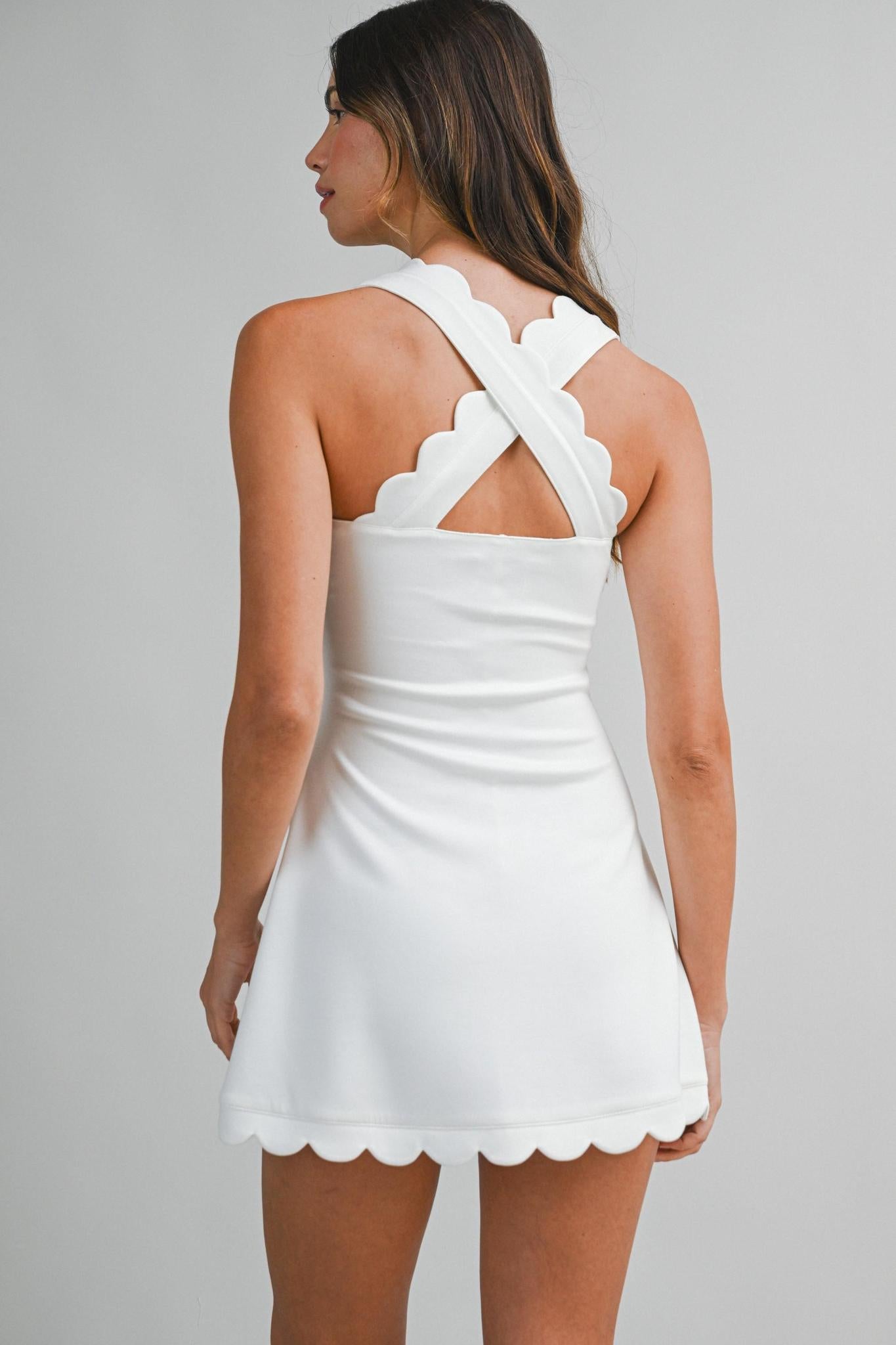 Scuba Scallop Square Neck Sleeveless Mini Dress With Shorts