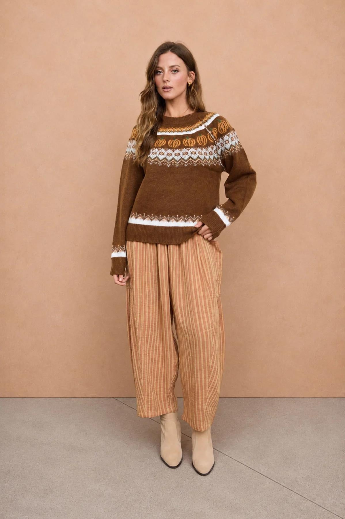 BROWN PUMPKIN FAIR ISLE LONG SLEEVE KNIT SWEATER