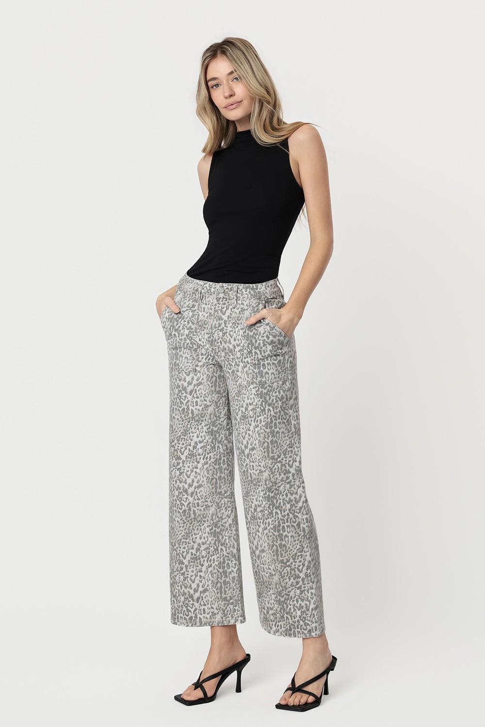 High Rise Patch Pocket Leopard Print Baggy Wide Jeans