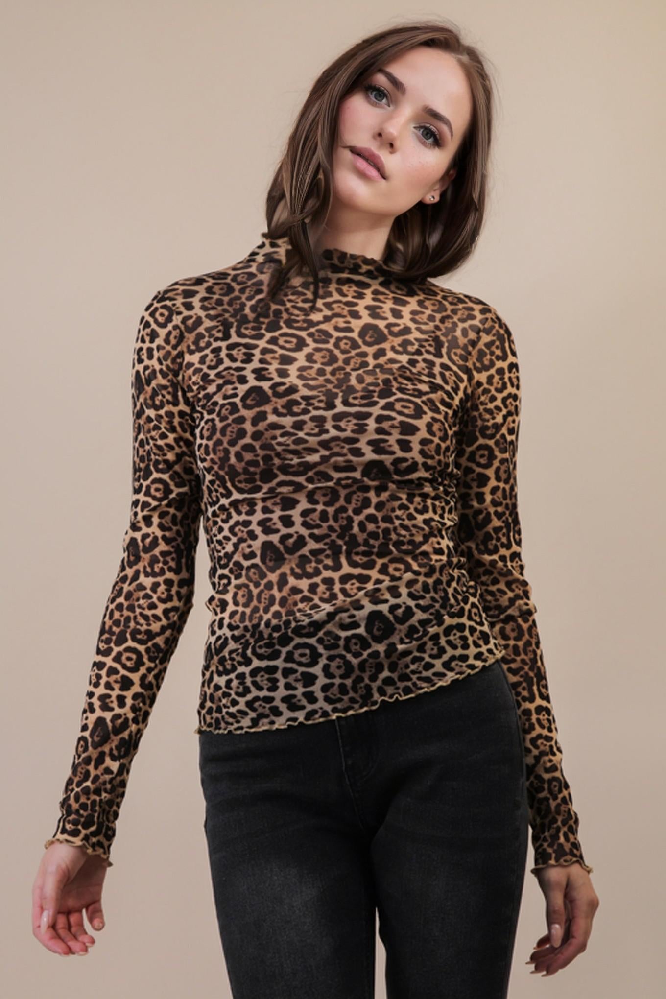High Neck Fitted Sheer Mesh Lace Knit Top