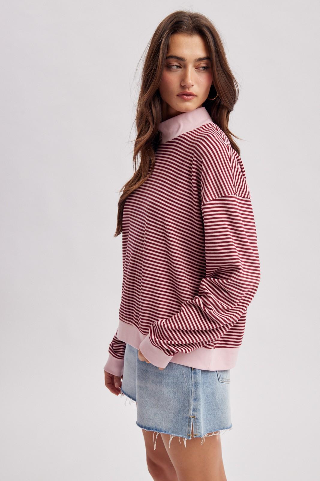 Pink/Burgundy Striped Mock Neck Knit Top