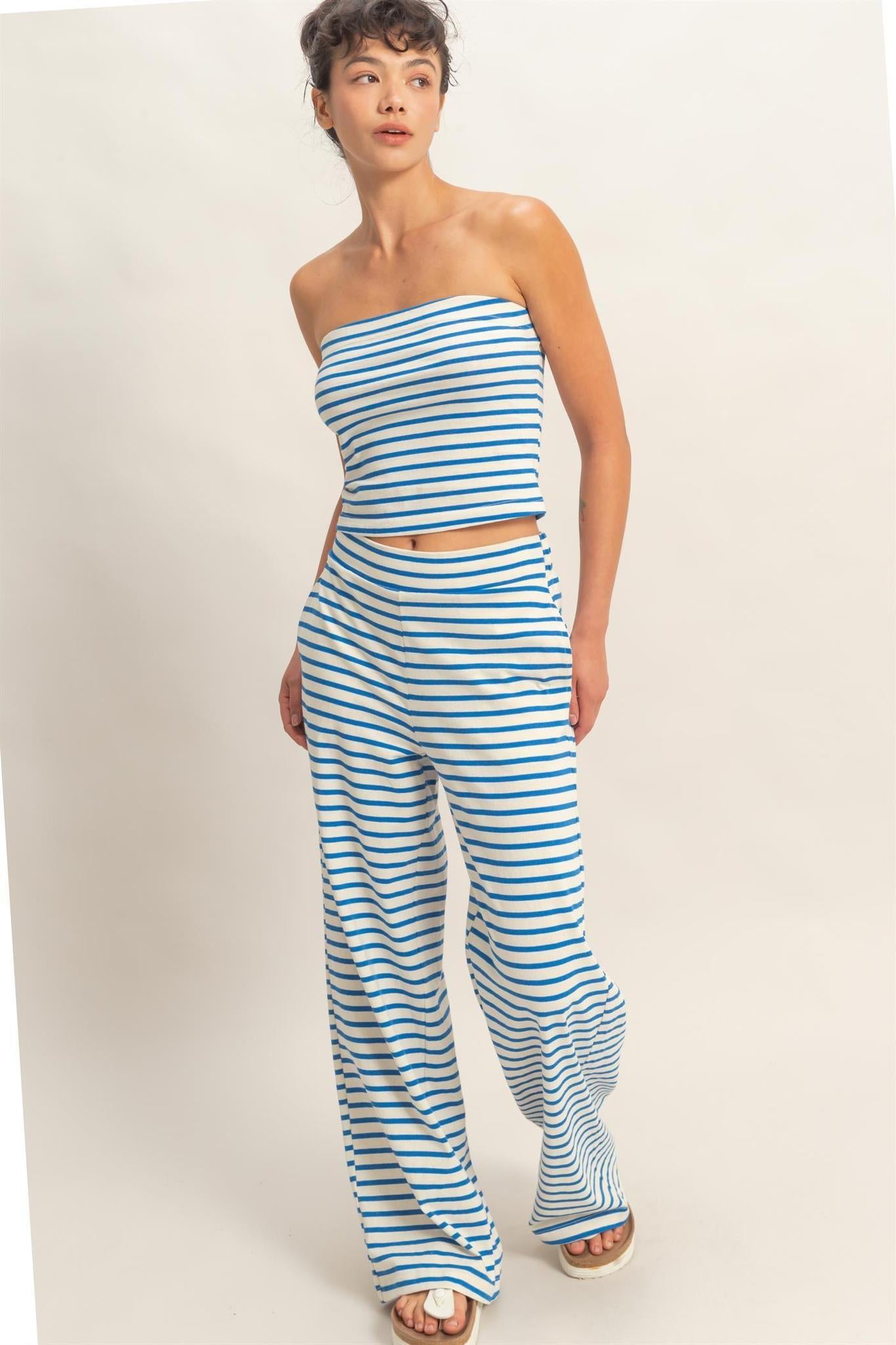 Blue Striped Jersey Tube Top And Pants Set