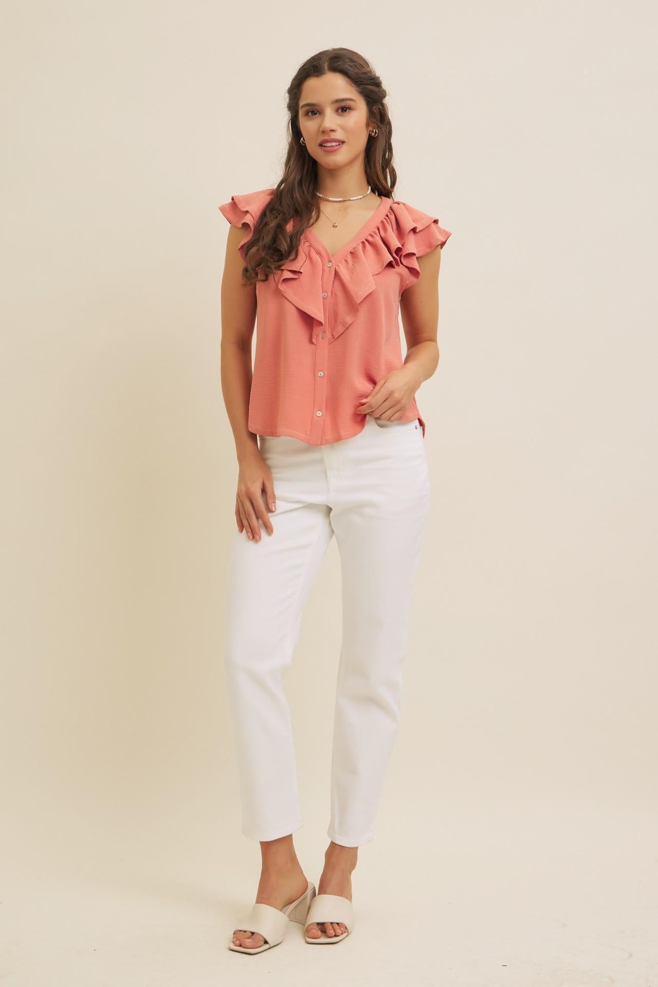 Terracotta Button-down Ruffle Blouse