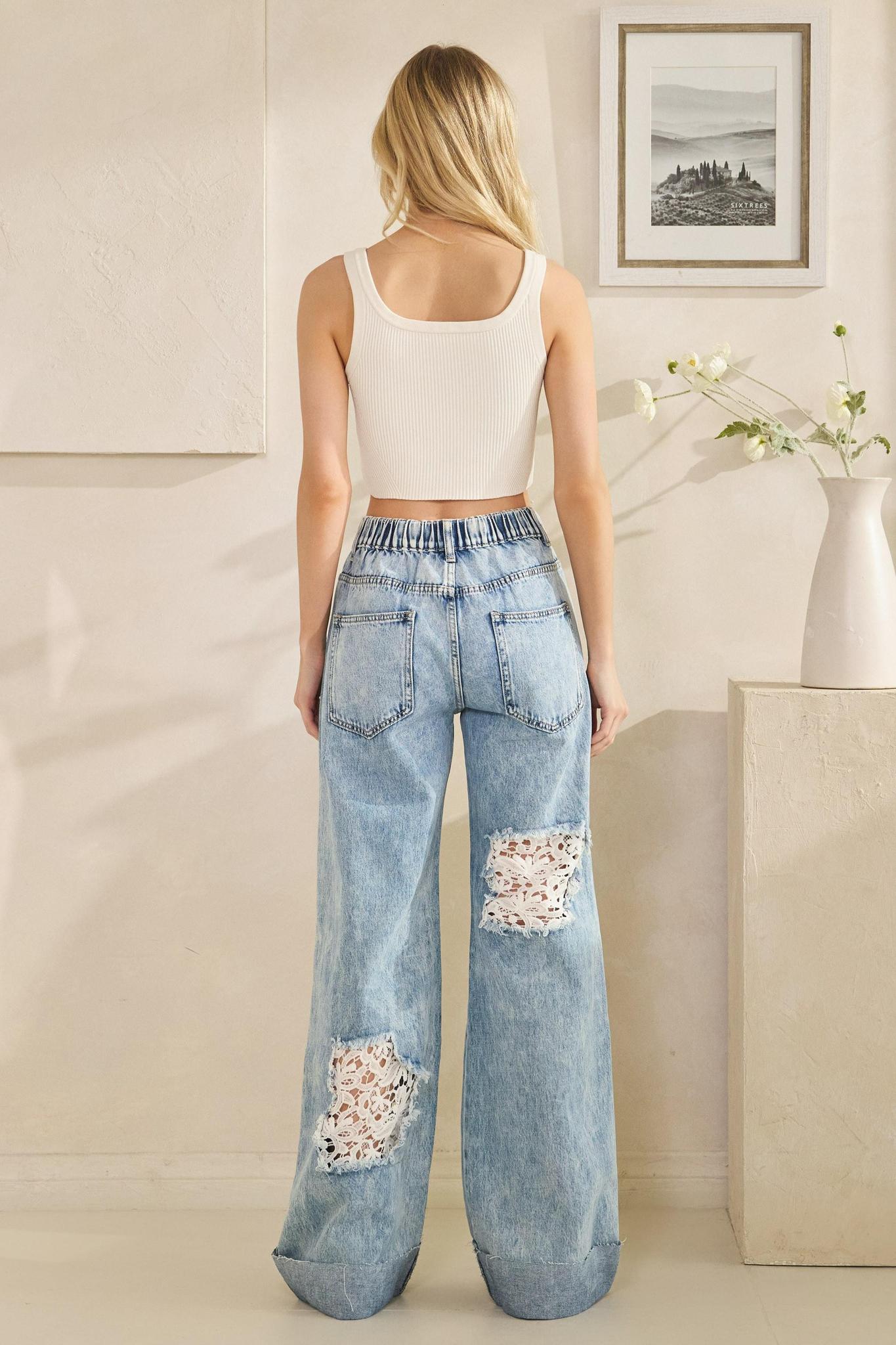 Washed Distressed Lace Insert Denim Jeans