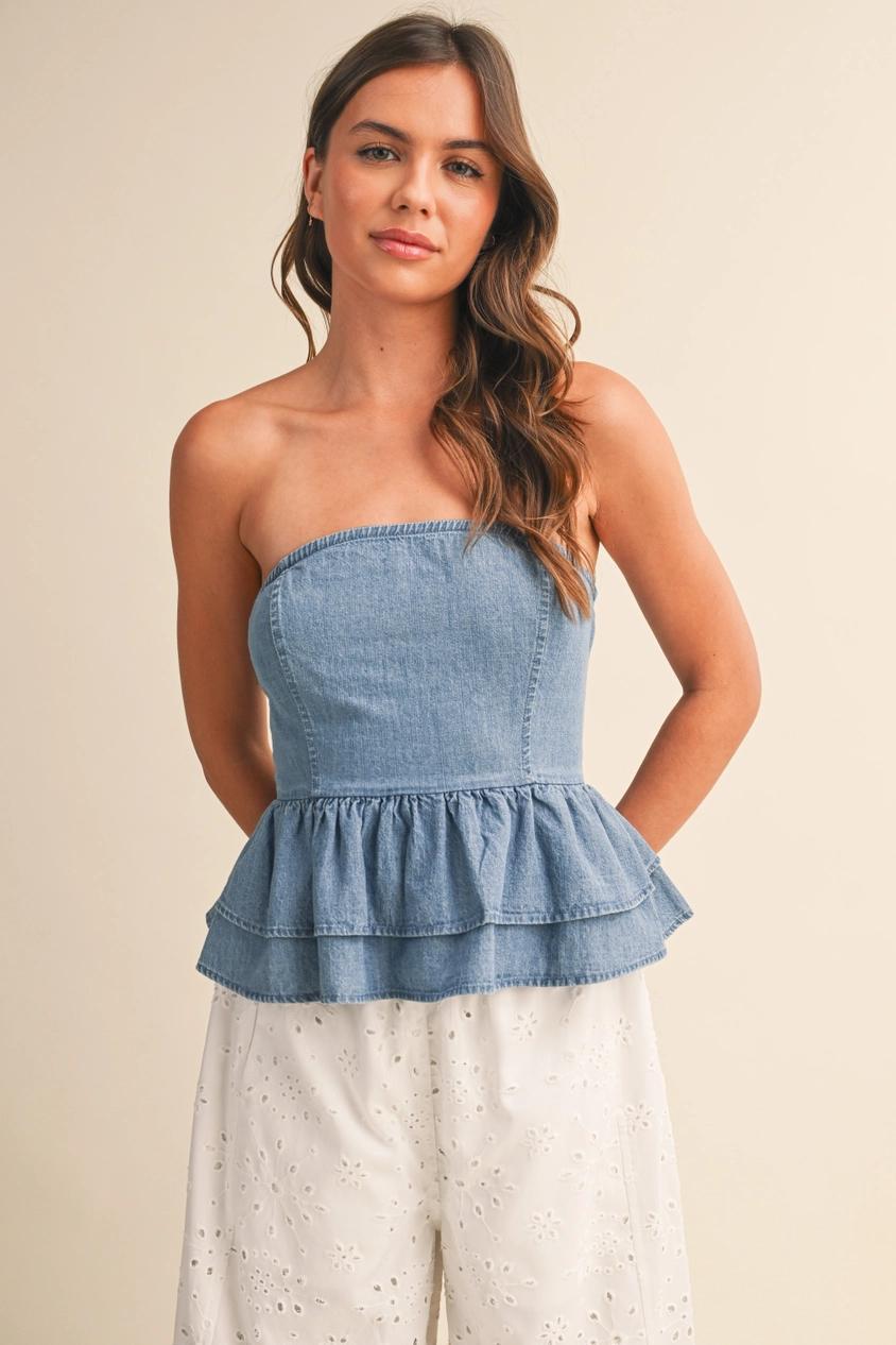 Denim Tiered Peplum Top with Tie Back Detail