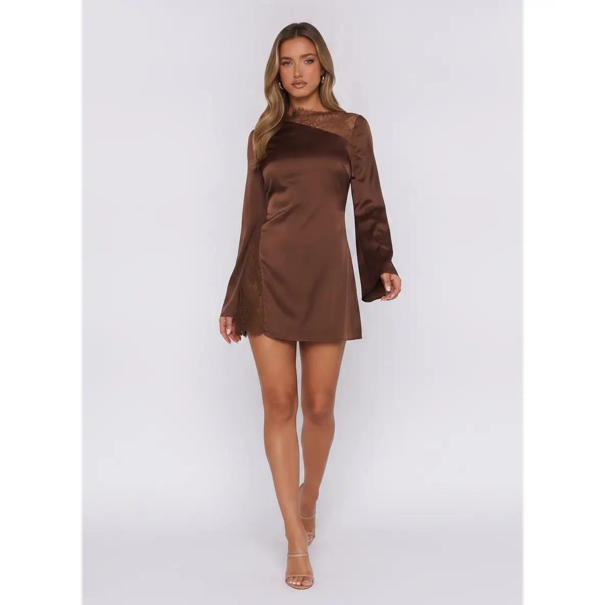 Brown Long Sleeve Lace Cut Out Detail Satin Mini Dress
