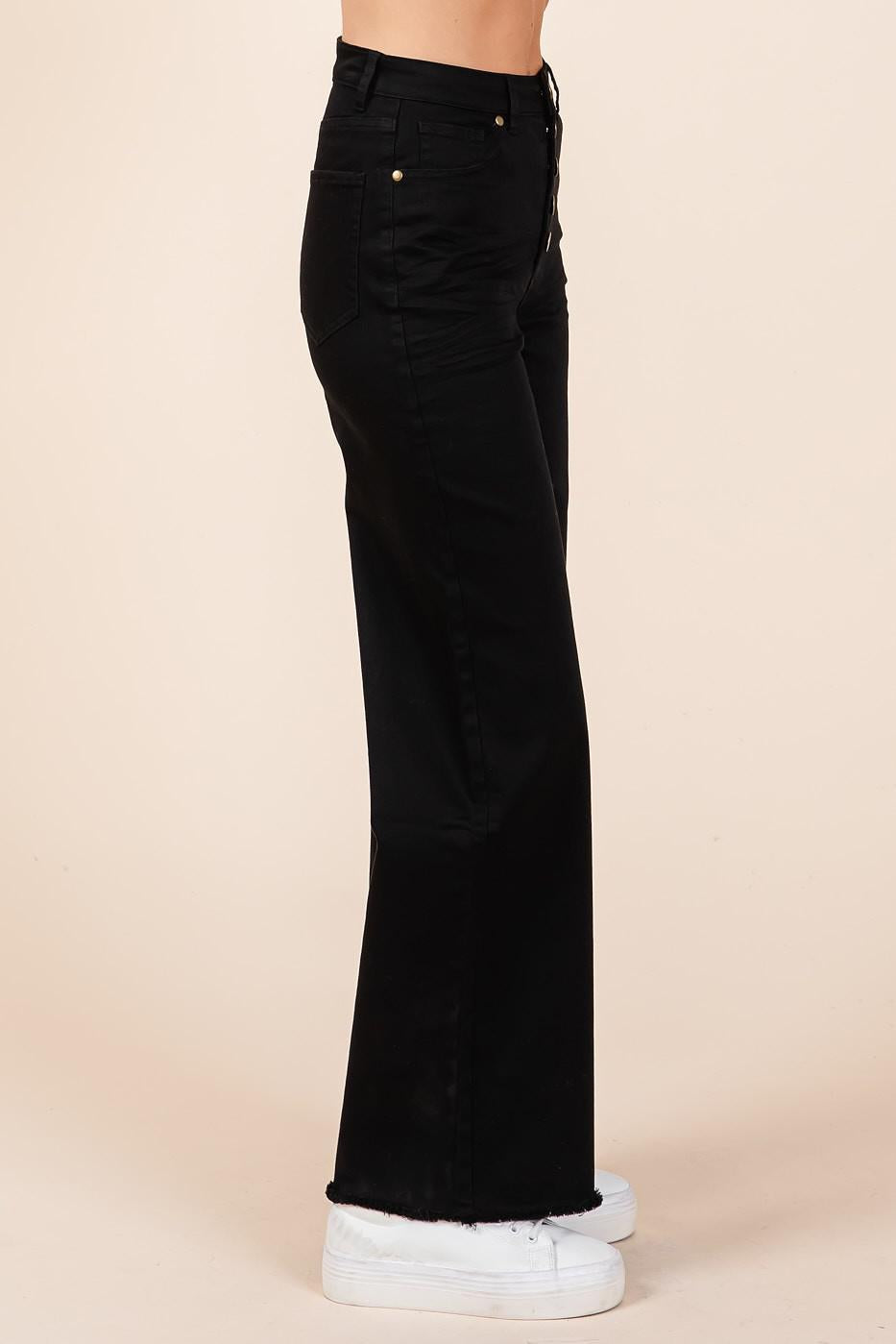 Black Twill High Waisted Button Fly Wide Leg Pants