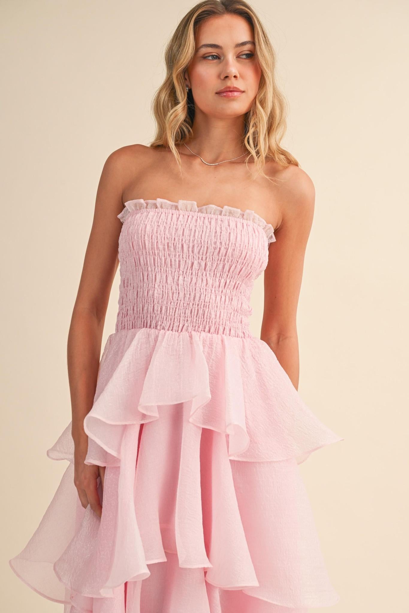 Strapless Tiered Ruffled Layered Maxi Dress