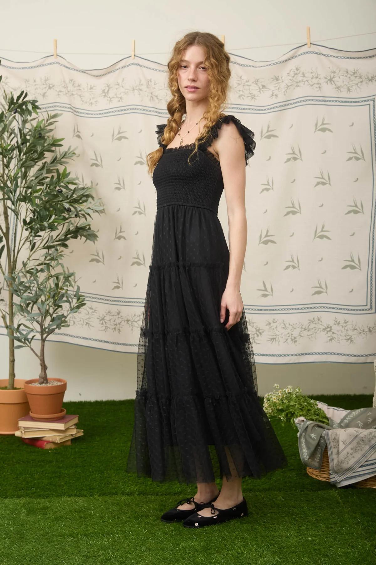BLACK POLKA DOT CHIFFON SMOCKED TIERED MIDI DRESS