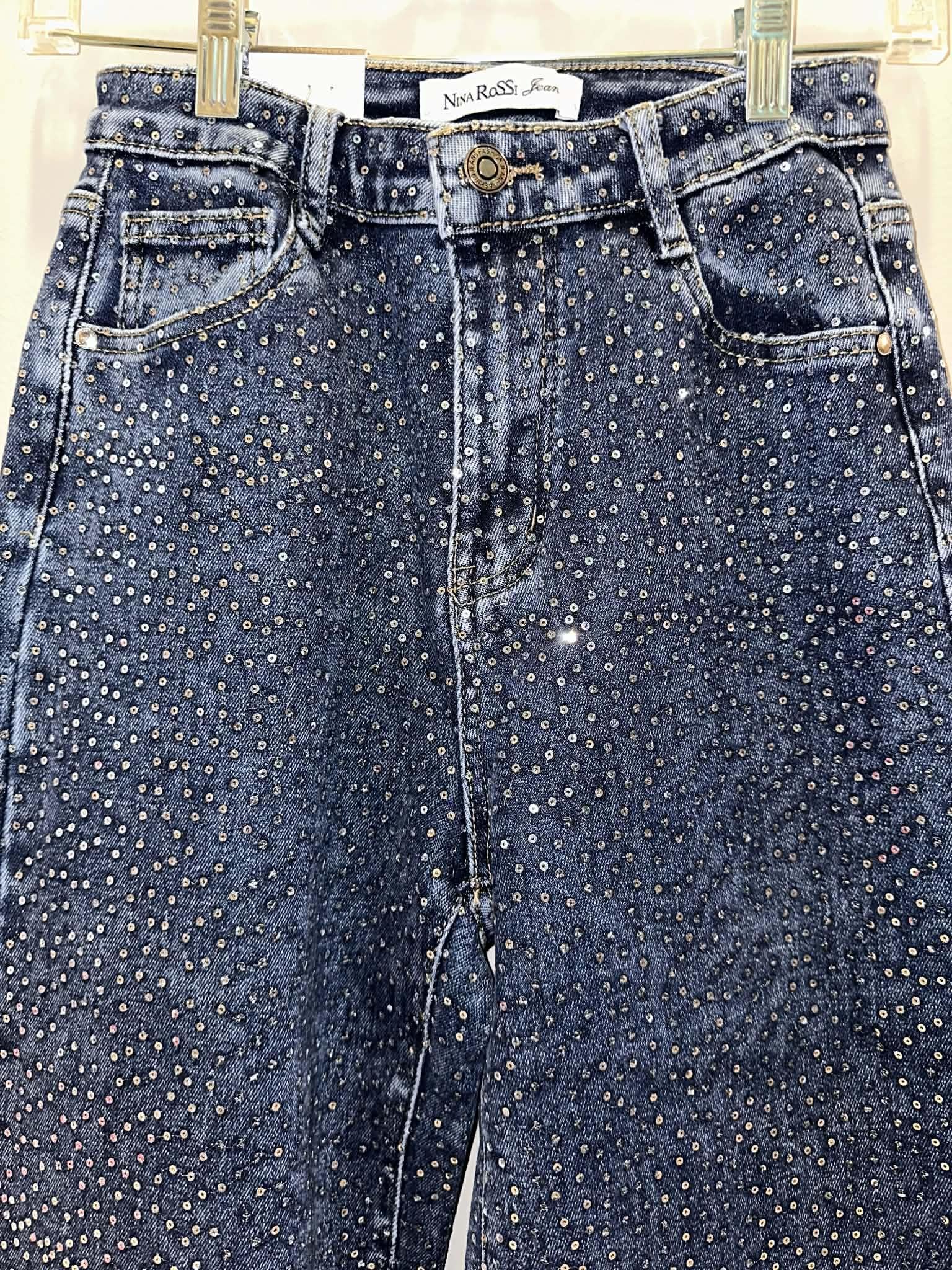 Nina Rossi Sequin Embellished Denim Wide Leg Jeans
