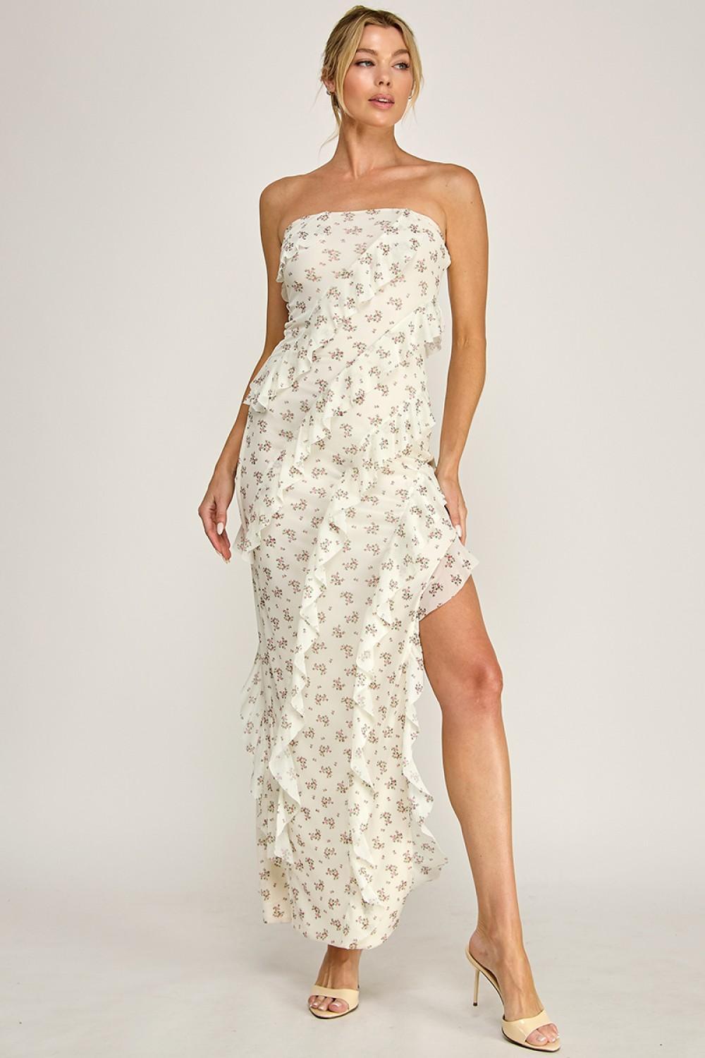 IVORY PRINT MESH RUFFLE TUBE MAXI DRESS