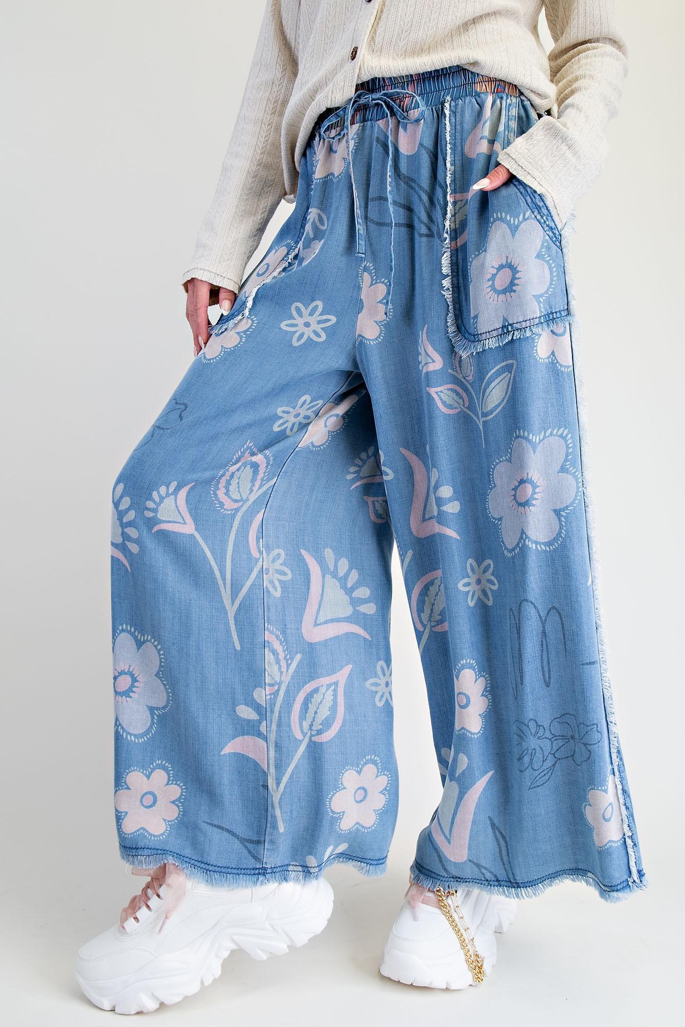 Floral Print Washed Chambray Pants