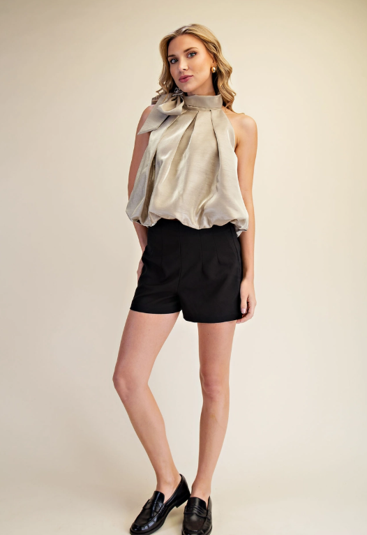 Taupe High Neck Tie Wrap Balloon Sleeveless Top