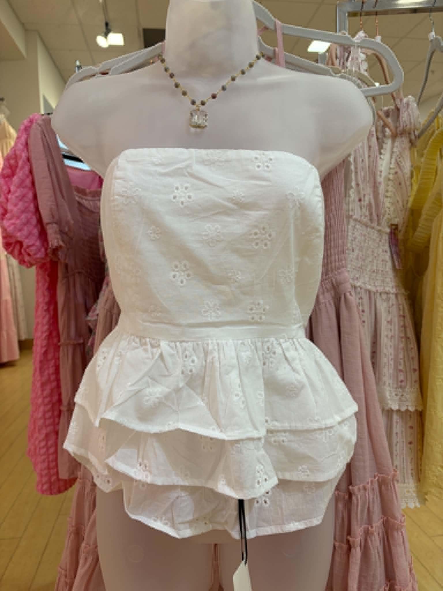 White Eyelet Tiered Peplum Back Tie Top