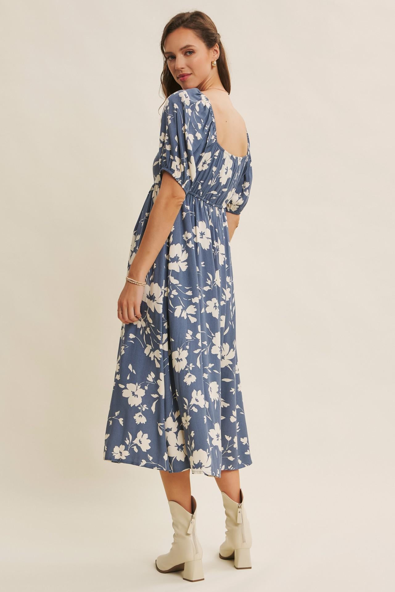 Vintage Denim Flowy Sweetheart Neck Midi Dress