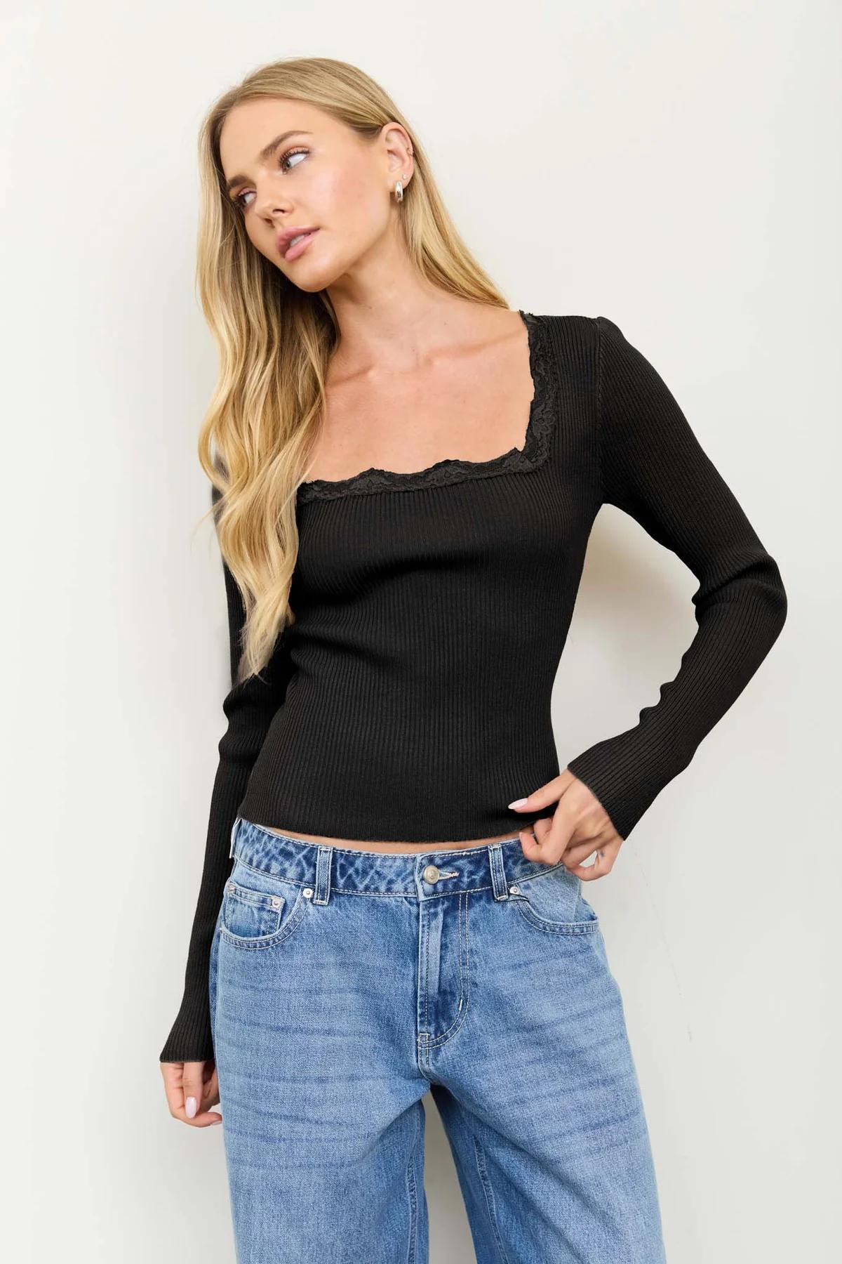 BLACK SQUARE NECK LACE TRIM RIBBED SWEATER KNIT TOP