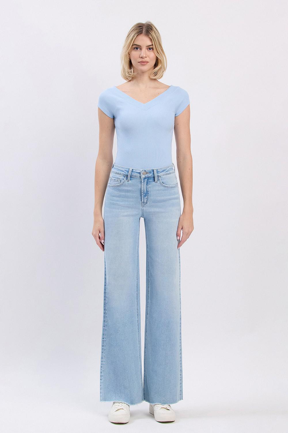 High Rise Raw Hem Wide Leg Jeans
