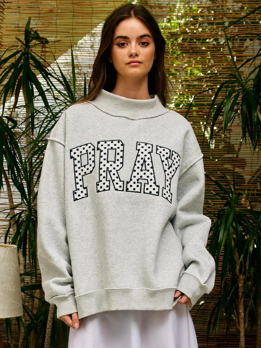 Embroidered Polka Dot "Pray" Mock Neck Sweatshirt