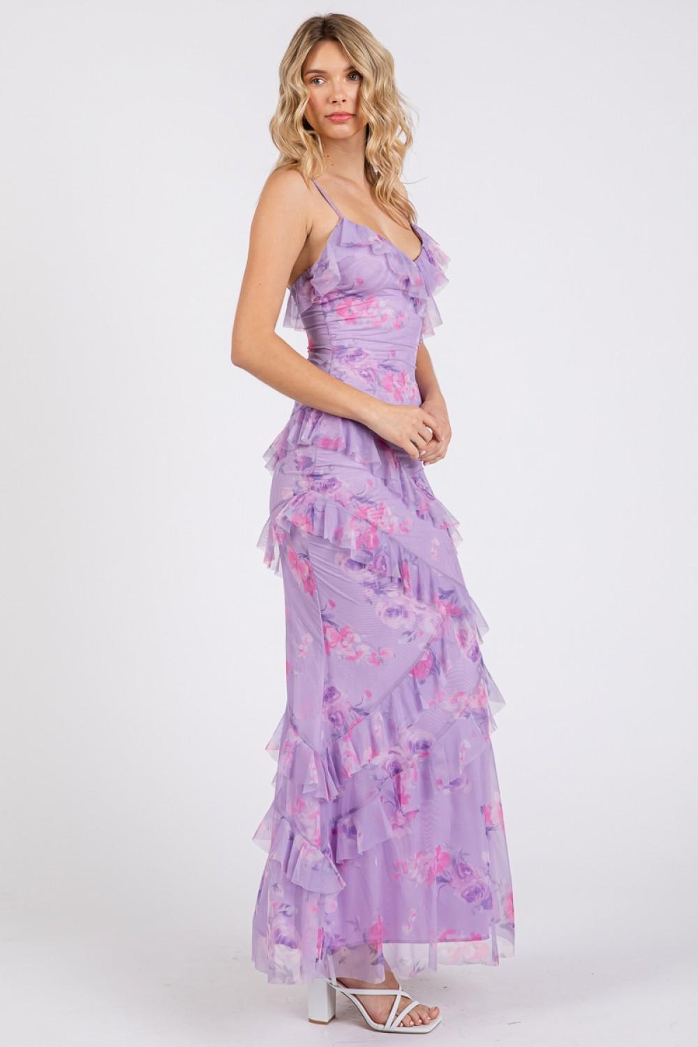 Lavender Mesh Floral Mermaid Ruffle Maxi Dress