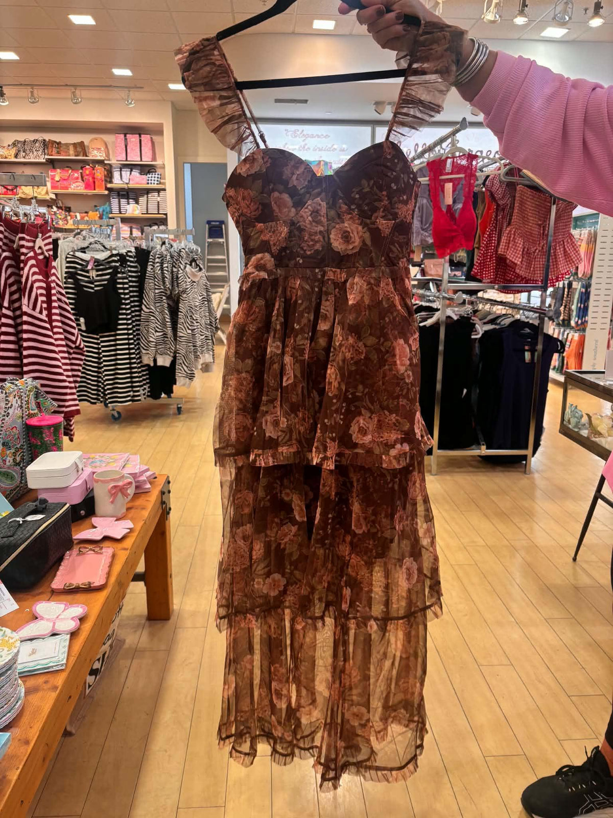 Floral chiffon ruffle tiered corset midi dress - Brown Multi
