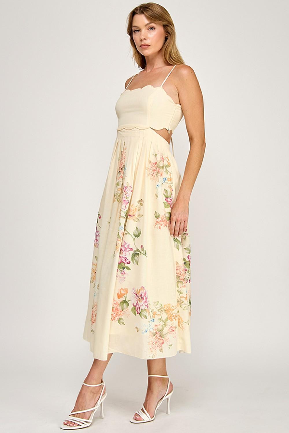 Cream Floral Scallop Dress
