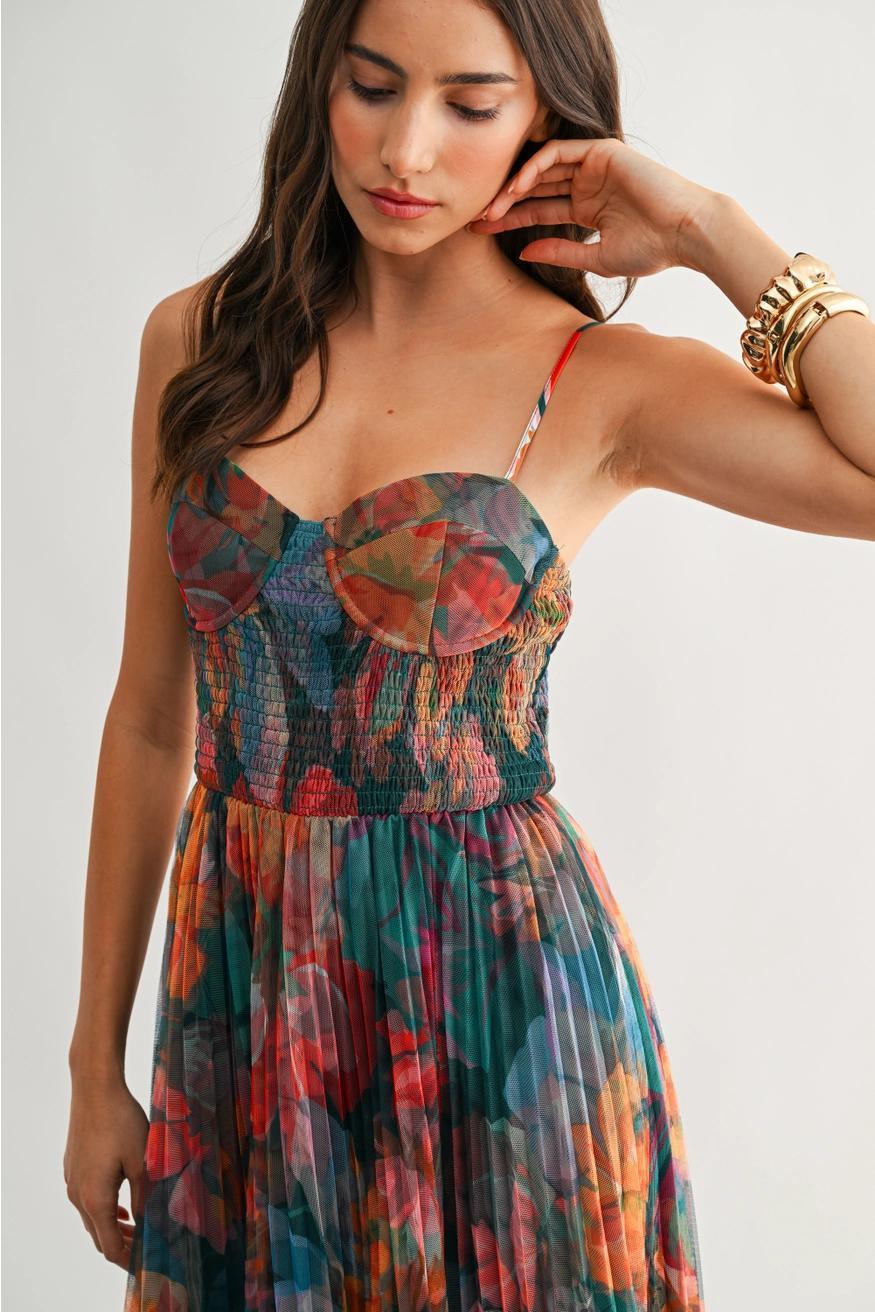 Pleated Floral Tulle Maxi Dress