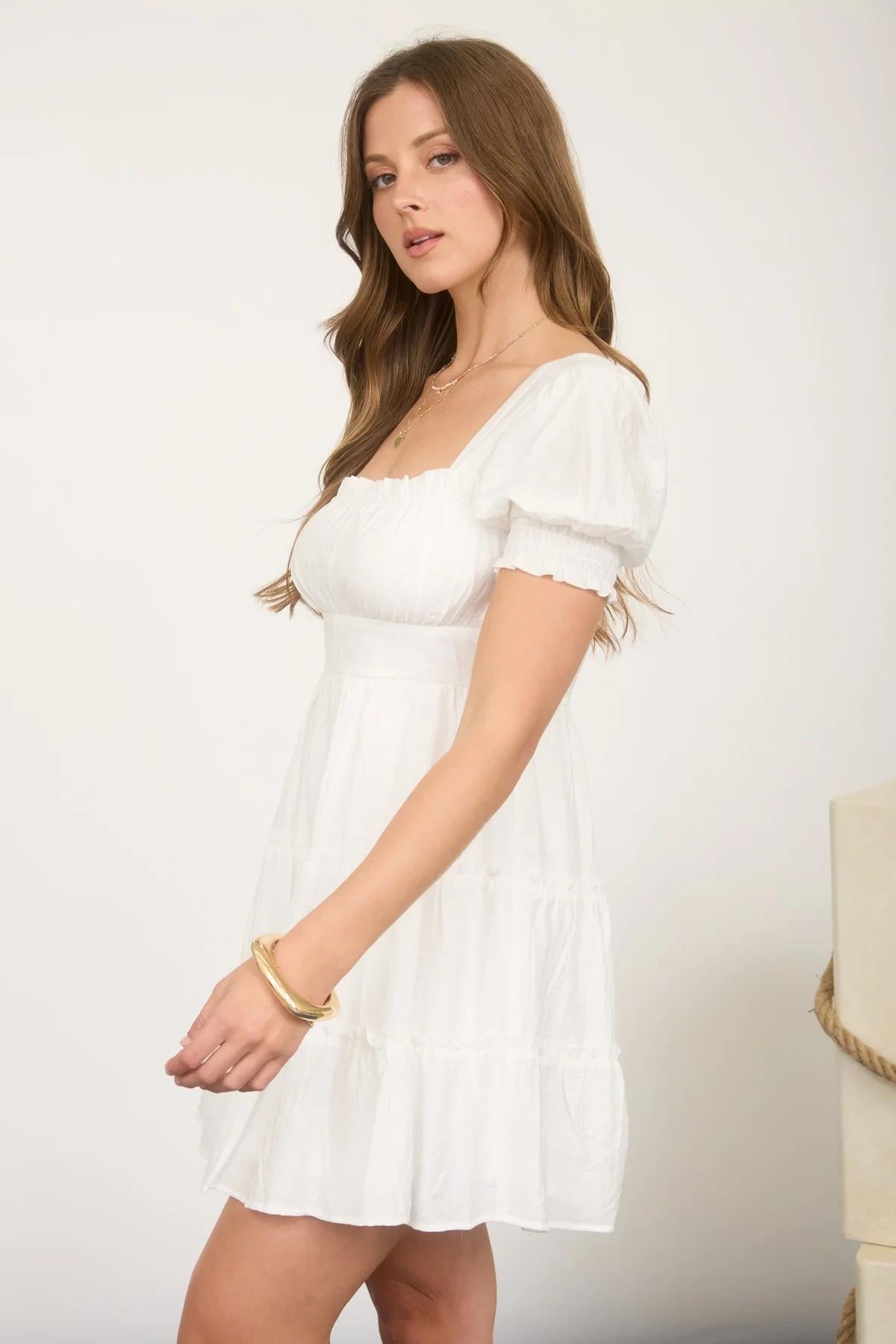 SQUARE NECK RUFFLE DETAIL TIERED MINI DRESS