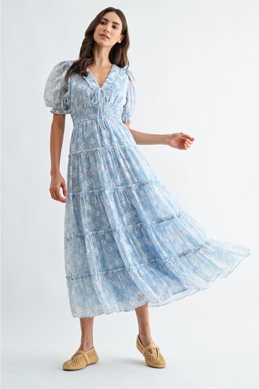Blue Floral Maxi Dress with Puff Sleeves