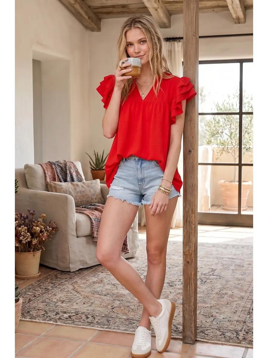 Red Airflow Ruffle Sleeve Blouse