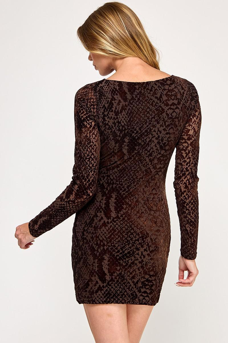 Dark Brown Mesh Long Sleeve Mini Dress