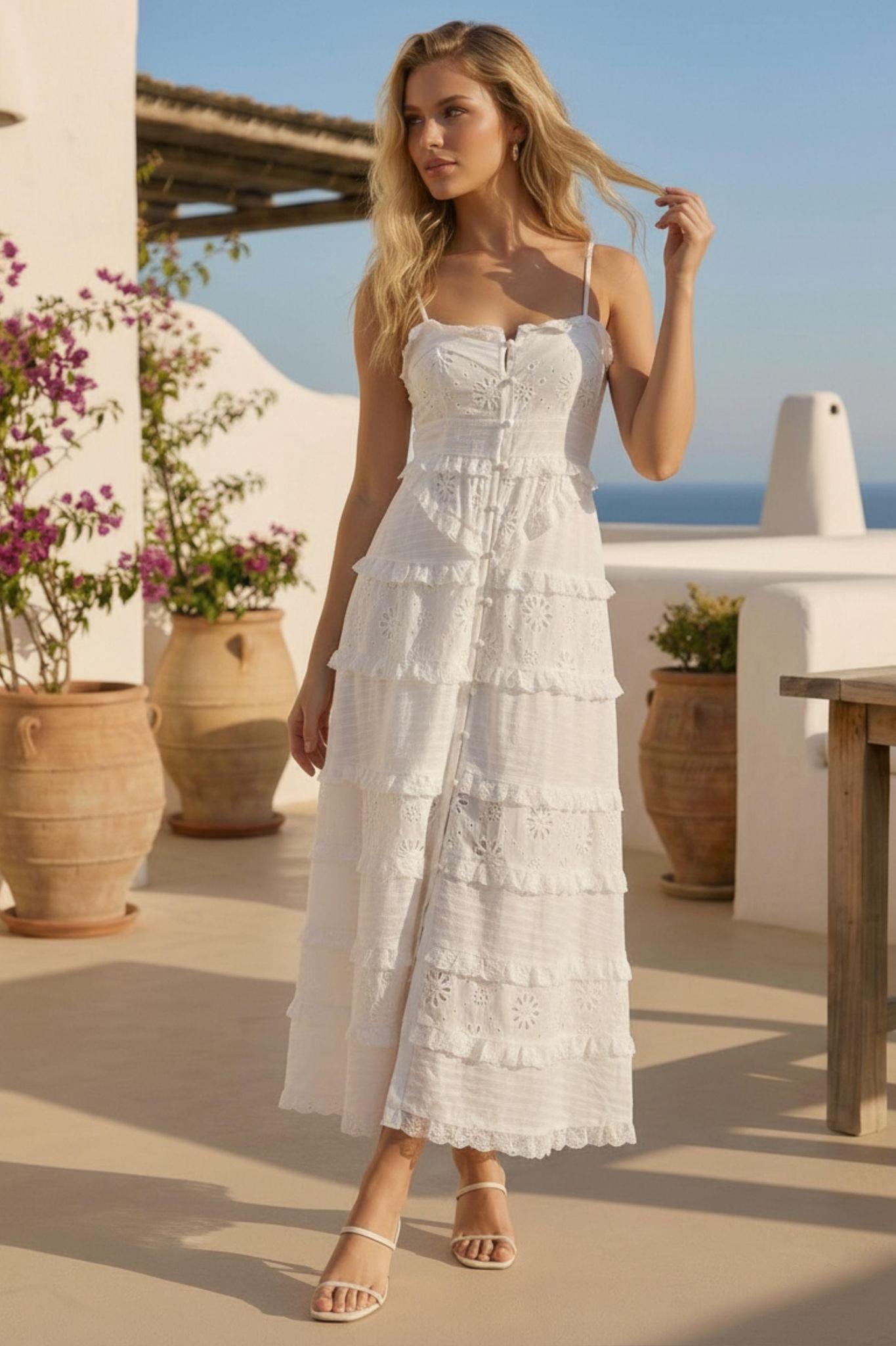 White Tiered Eyelet Midi Dress With Lace Trim