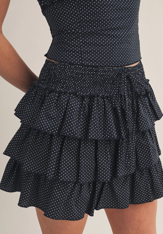 Black Smocked Waist Dotted Ruffle Skort