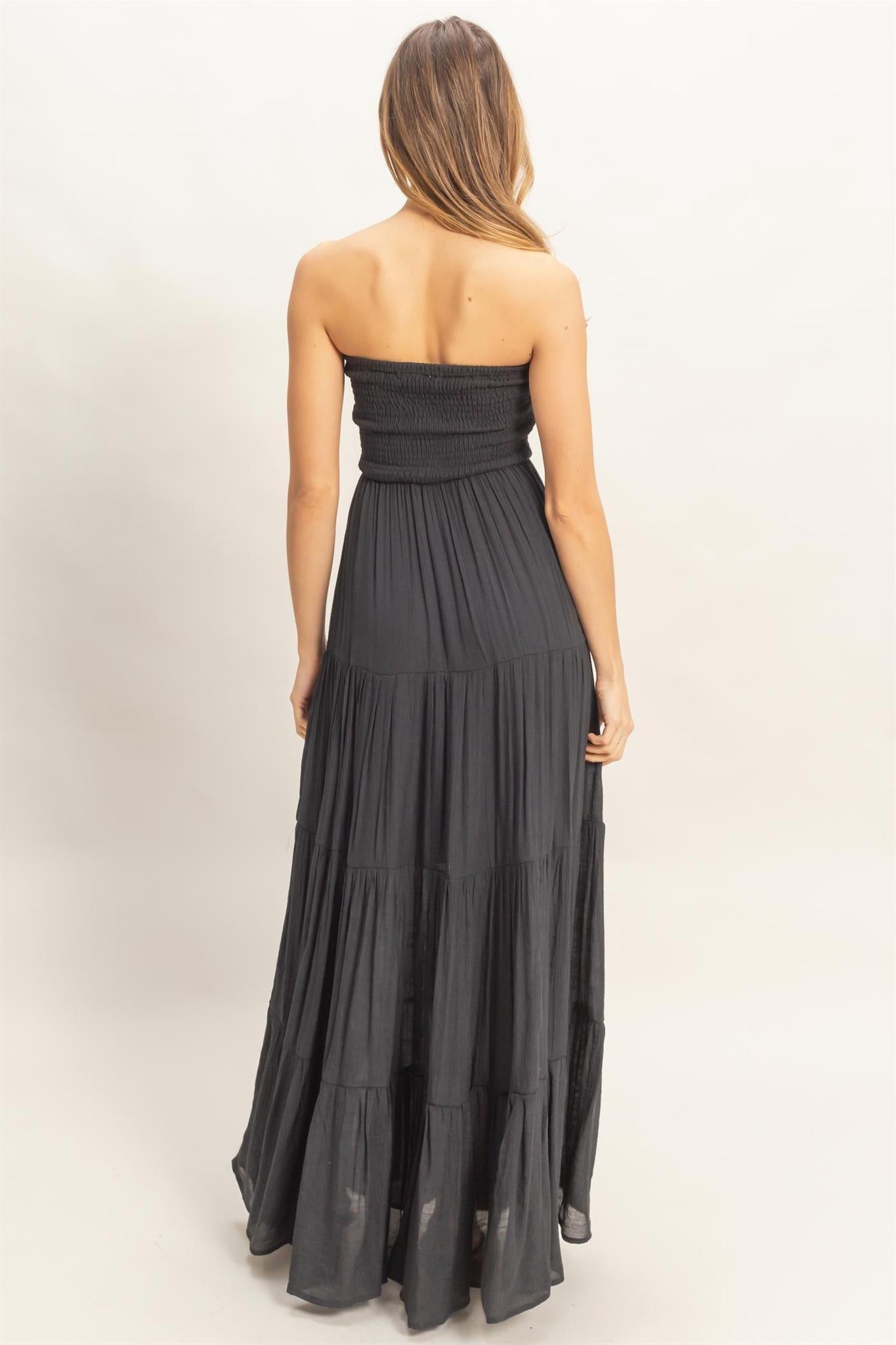 Black Smocked Elastic Neck Maxi Dress