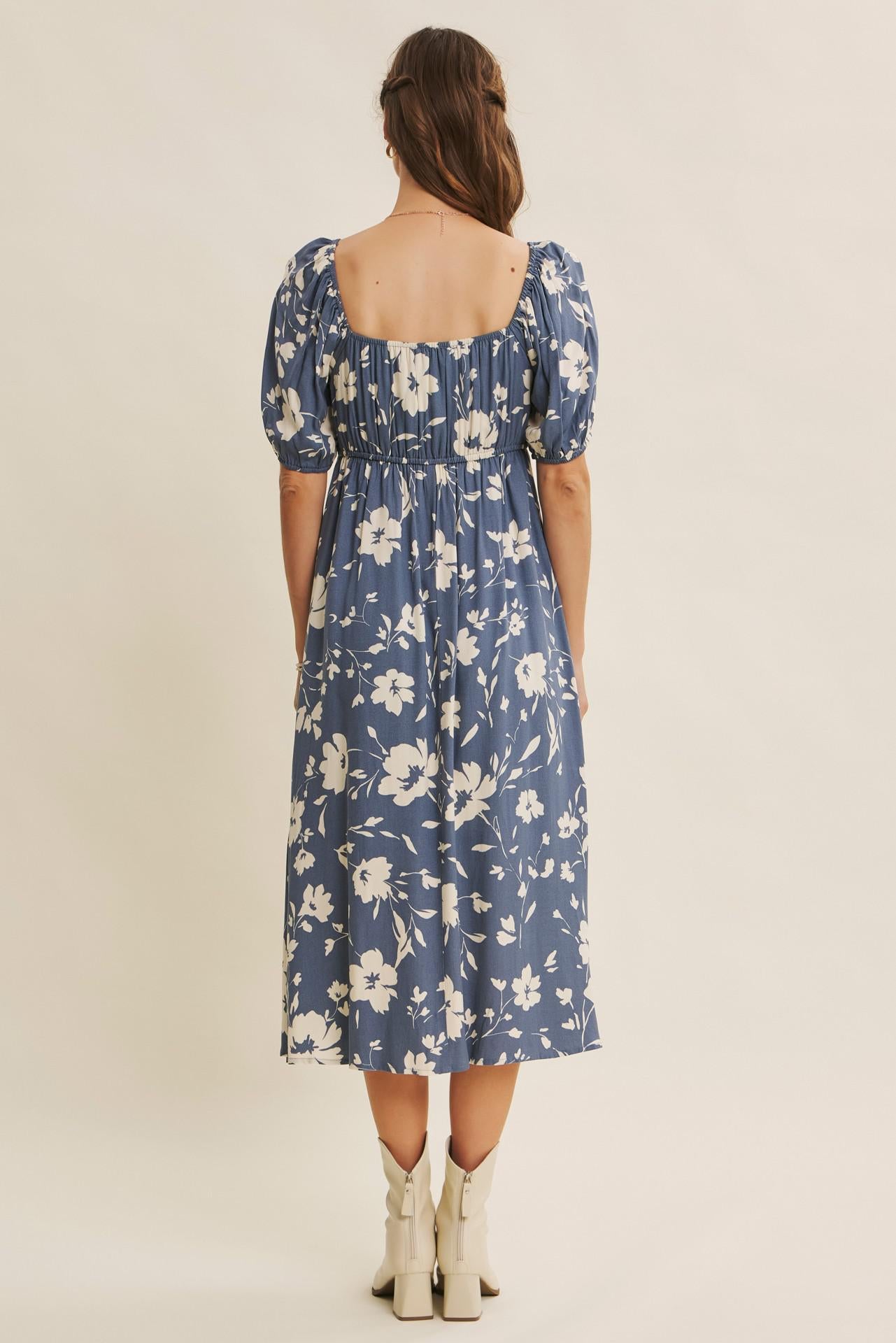 Vintage Denim Flowy Sweetheart Neck Midi Dress