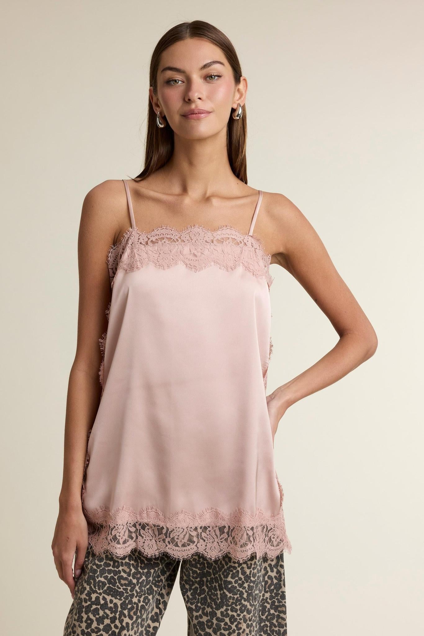 Adjustable Spaghetti Strap Lace Trim Satin Camisole Top
